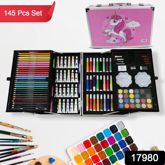 17980Â Professional Art Set-Drawing Painting Sketching Coloring Kids Set All in 1 Art Case Perfect for Kids with Unicorn Design Case, Shading Crayons Oil Pastels Color Set Watercolor Cakes Paint Brush Sharpener Eraser (145 Pcs Set)