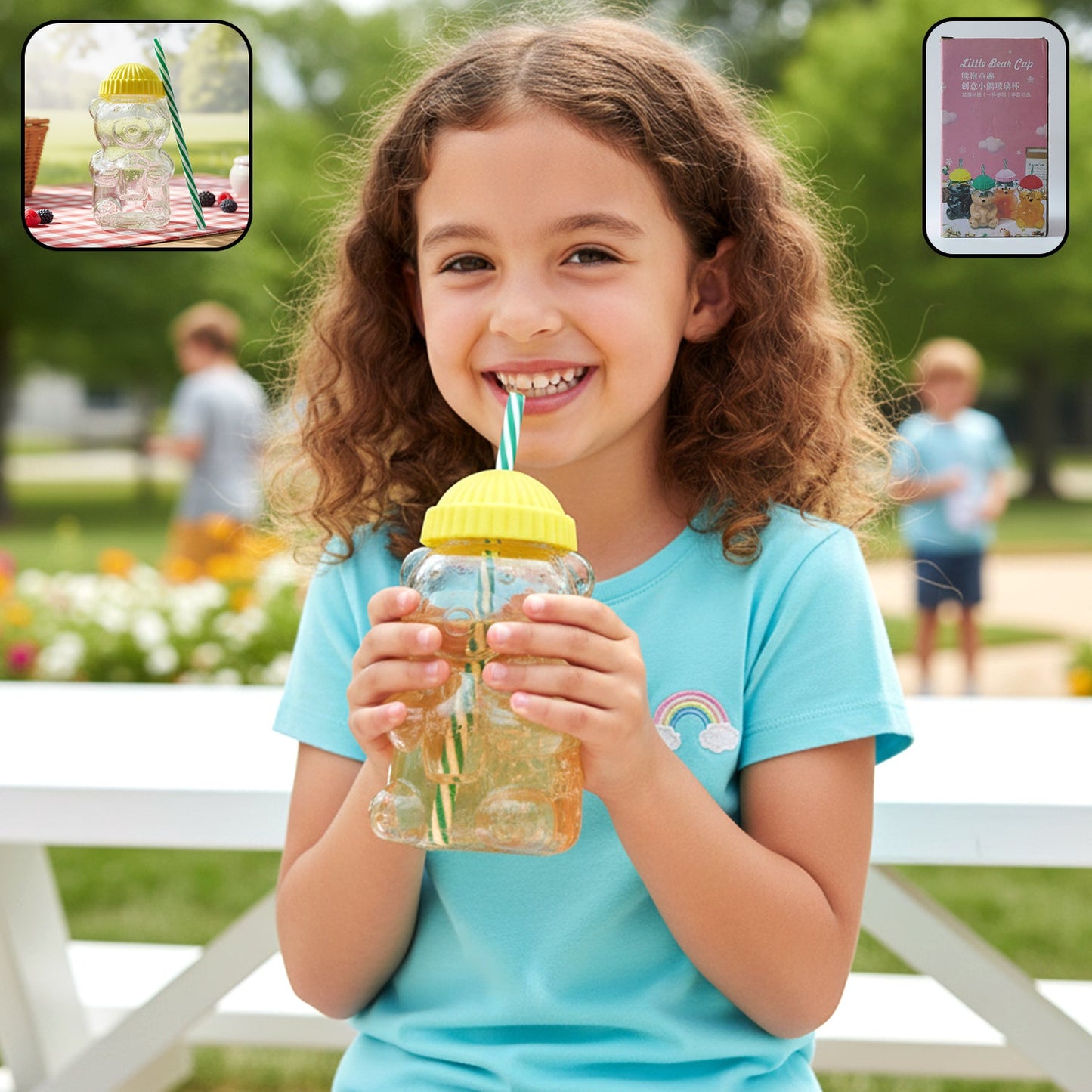 cute glass bear shape kids drinking cup bottle with straw 350 ml