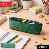 Premium Green Grid Printed Zipper Pencil Pouch Organizer (1 Pc)