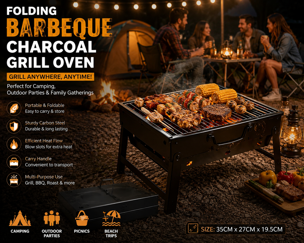 Folding Barbeque Charcoal Grill Oven (Black Carbon Steel)