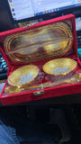 Brass tray set with gold and silver plating, two bowls and spoons, comes in a red velvet box.