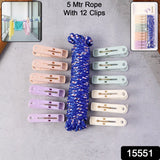 Clothesline Rope 12 Clips – 5 Meter Approx Heavy Duty Laundry Drying Rope with Clip
